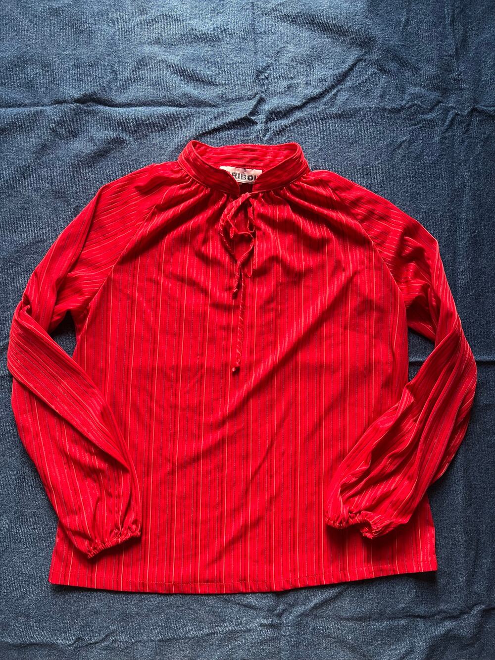1970's Caribou Red Stripped Tied Front Blouse